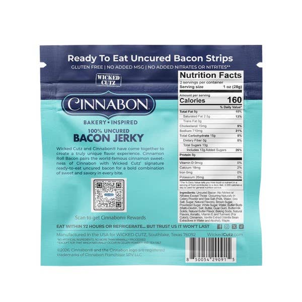 Wicked Cutz Cinnabon Bacon Jerky, 100% uncured