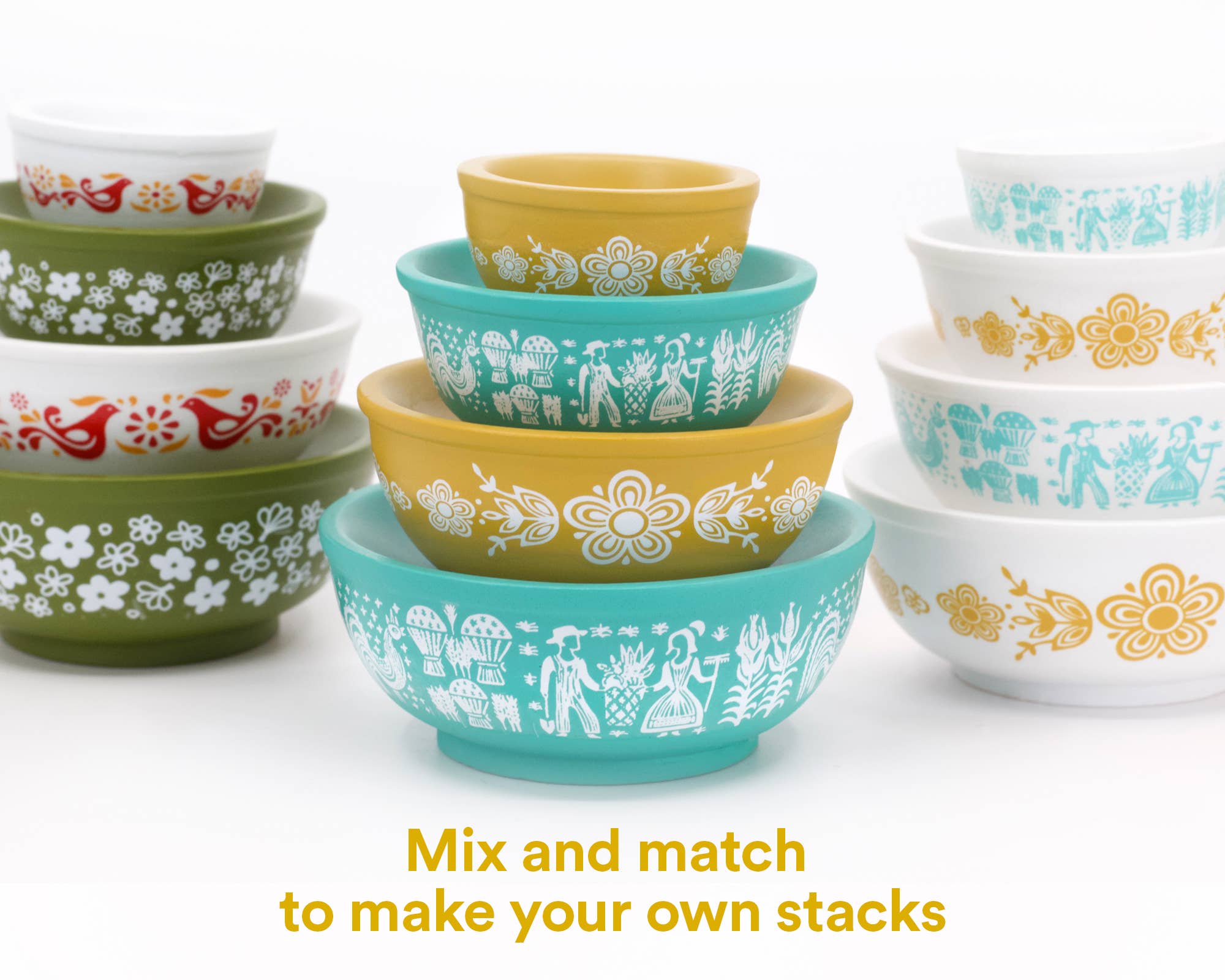 Mini Pyrex-Inspired Mixing Bowls – Retro Stackable Set: Woodland