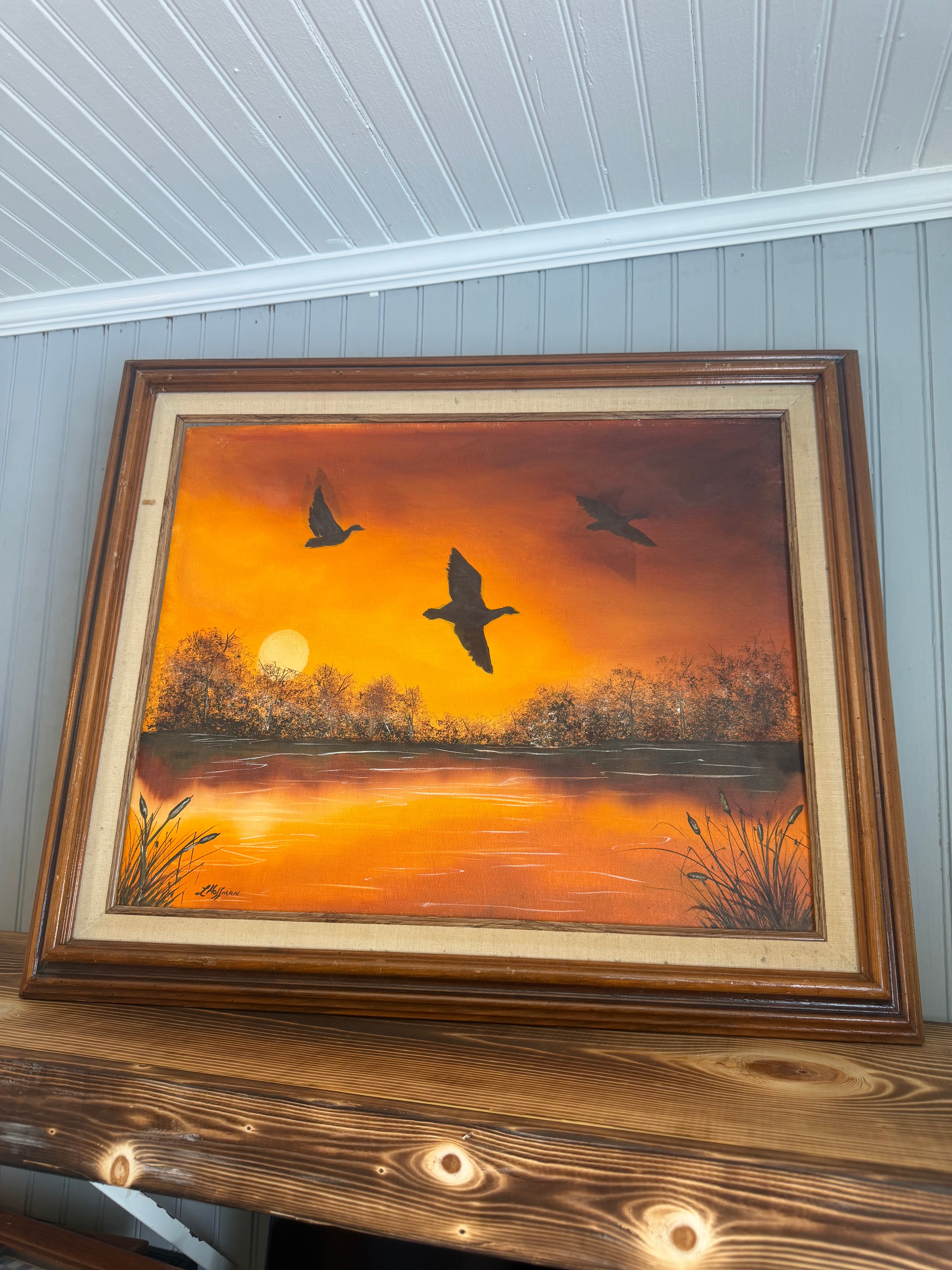 1982 Ducks At Sunset Hand Painted Picture