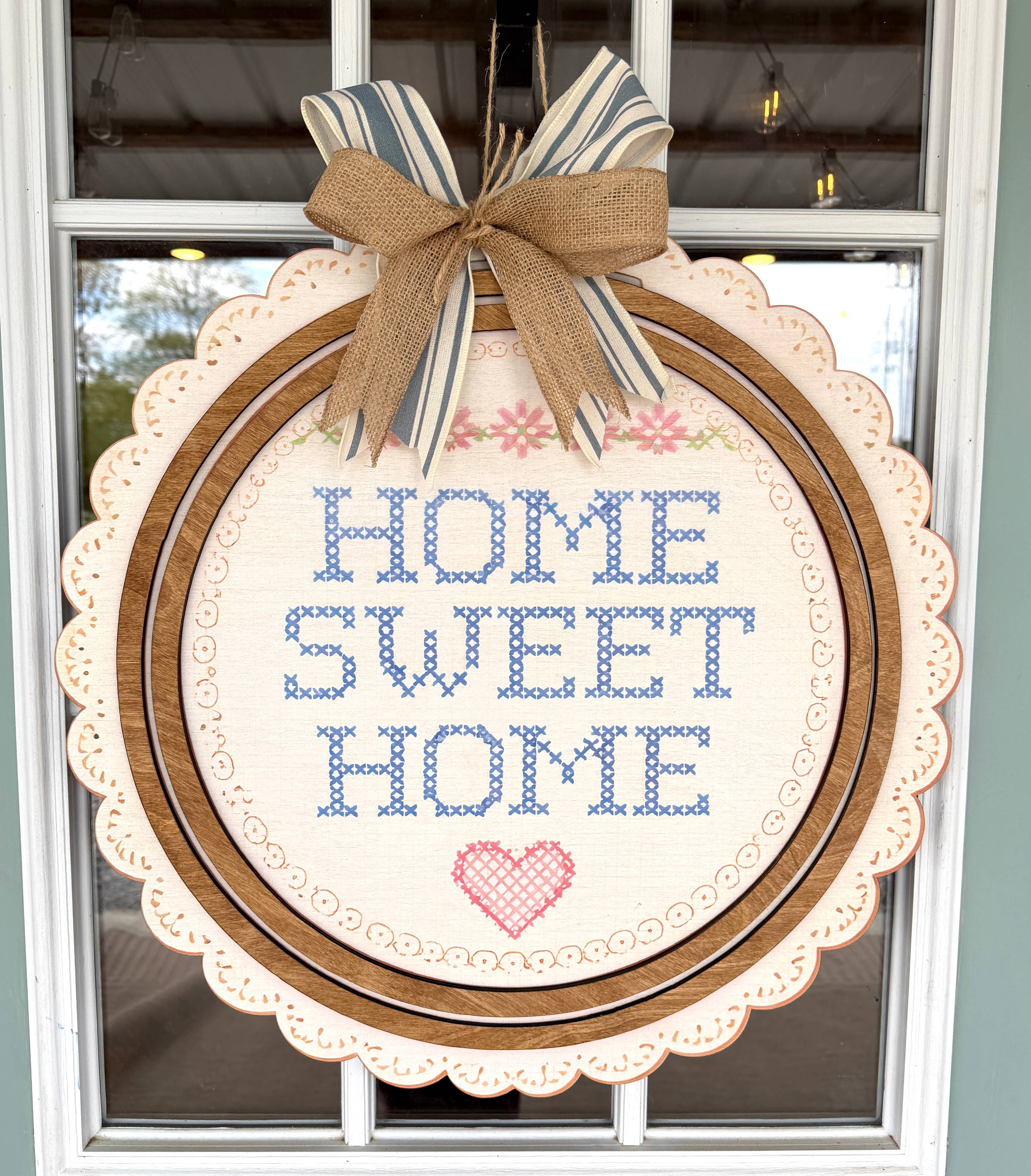 HOME SWEET HOME CROSS STITCH SCALLOPED SIGN: 21.65"